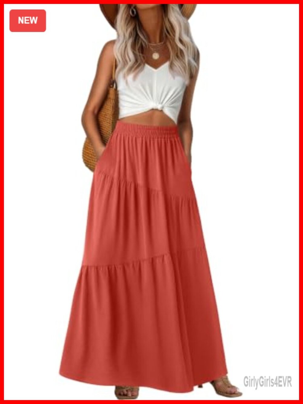 GRECERELLE Women's High Waist Tiered Maxi Skirt with Pockets Polyester